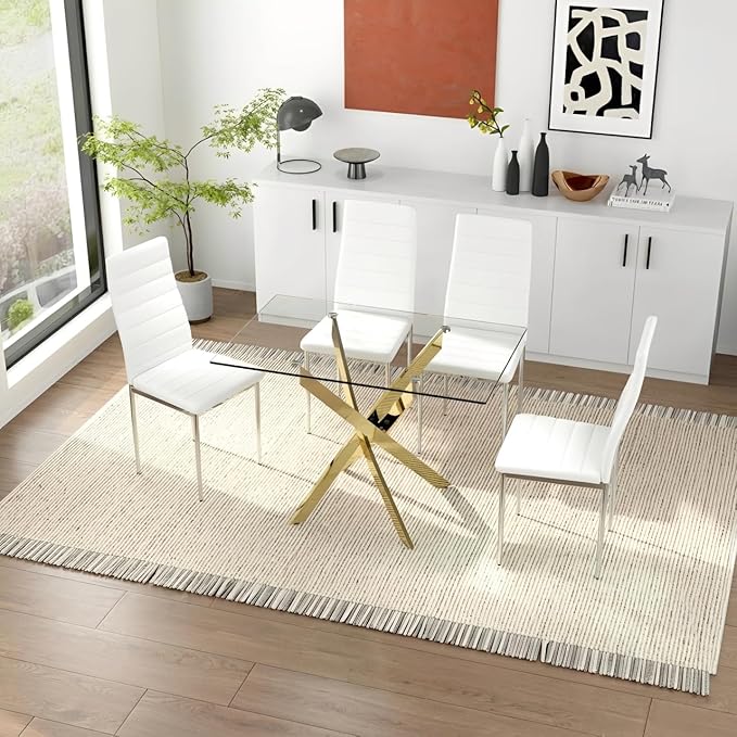 5 Piece Glass Dining Table Table Set, Tempered Glass Dining Table Set for 4 Kitchen Table Set with 4 Upholstered Chairs for Kitchen Dining Room (Gold Leg Table with White Chair)