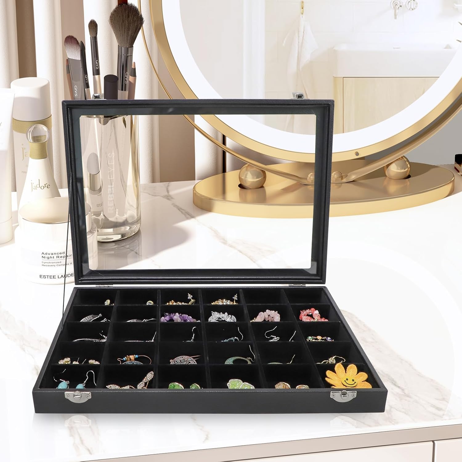Wudygirl 30 Grid Jewelry Organizer Clear Lid Jewelry Tray Stackable Jewelry Storage Case Display Rings,Earrings,Necklace,Black Velvet (30 Grid)