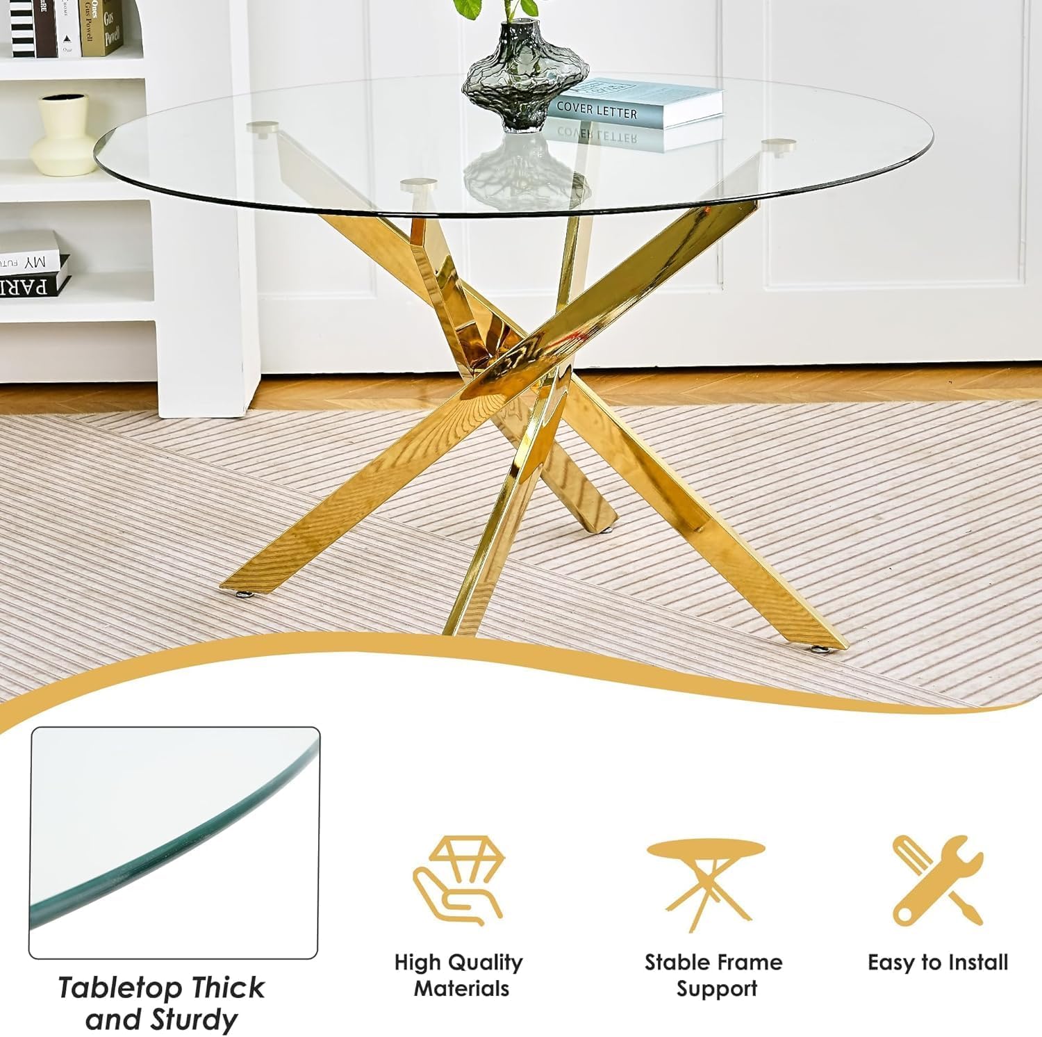 Round Glass Dining Table Set for 4, 36'' Small Circle Glass Kitchen Table with 4 Luxury Pink Gold Velvet Dining Chairs, 5-Piece Dining Room Table Set for Small Place(Gold Base)