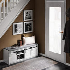 Haotian Industrial Style Shoe Storage Bench, Entryway Hallway Shoe Cabinet, Sliding Barn Doors, Drawer & Padded Seat Cushion, Rustic Window Bench for Mudroom (White) FSR198-W