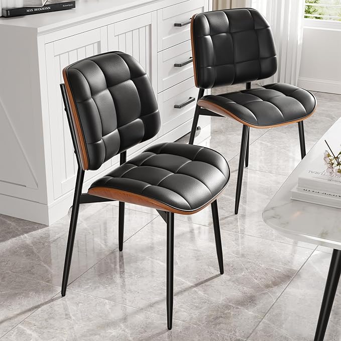 Dining Chair, Black Mid Century Modern Dining Room Chair, Upholstered Faux Leather Kitchen Chairs with Thick Cushion and Walnut Bentwood Back for Kitchen Dining Room, Black