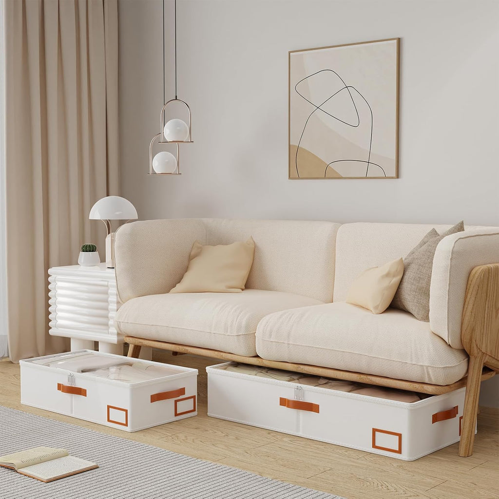 Yawinhe Under Bed Storage Containers, 4 Pack, Bin with Lids, Collapsible Closet Organizers, with Sorting Card Slot and 4 Leather Handles, for Blanket, Bedding, 31.5''Lx15.7''Wx6''H, Beige