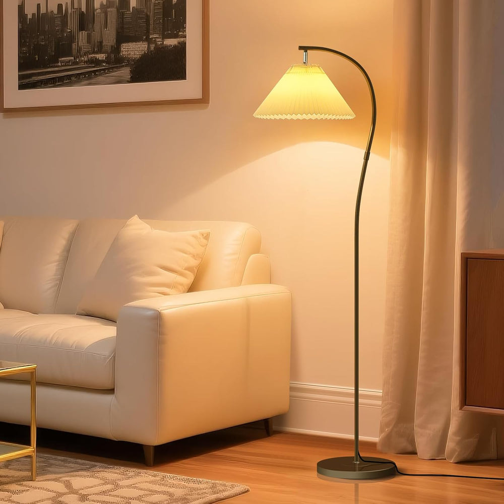 Unique Black Arched Pleated shade Floor Lamp, 12W LED Bulb 3-Color Dimming