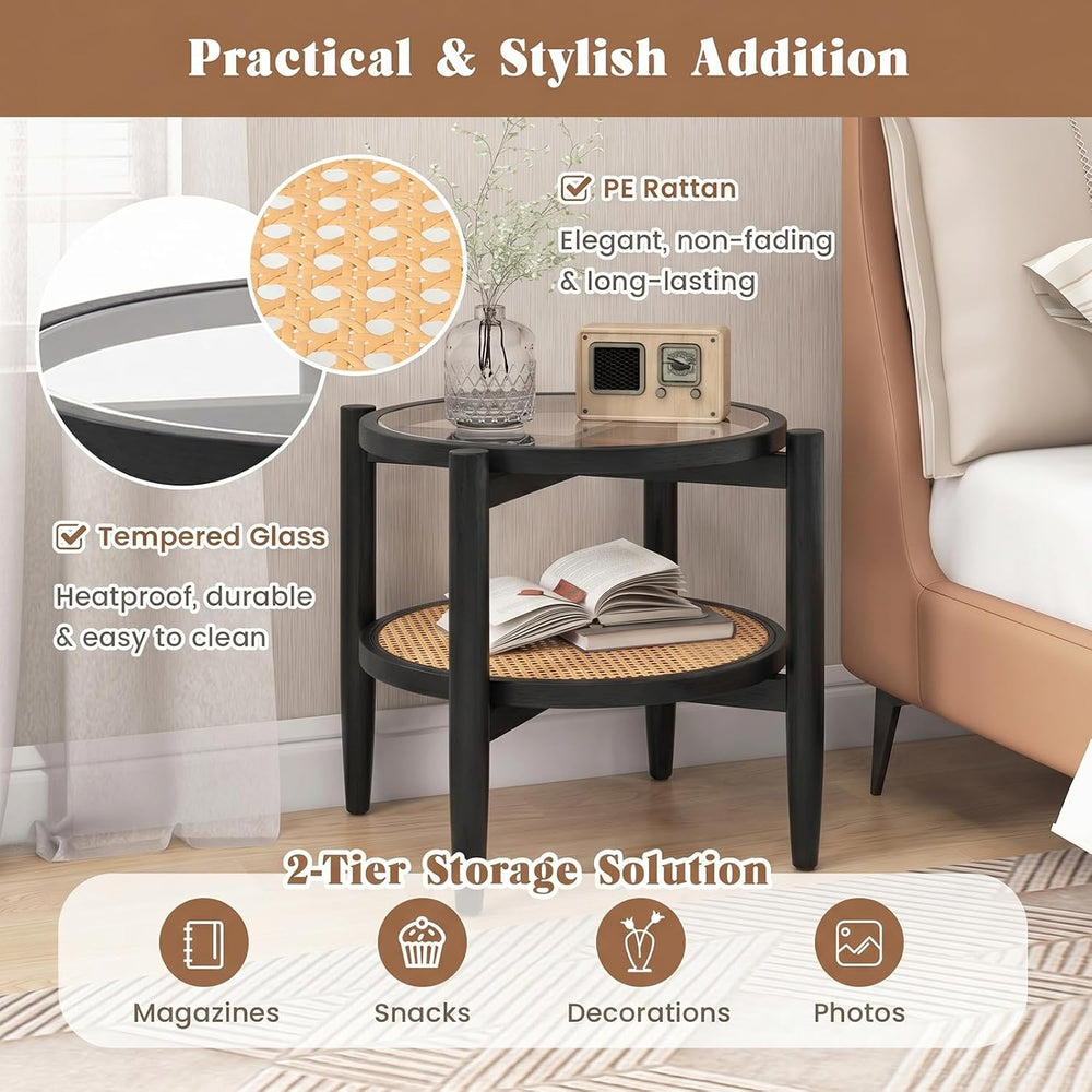 Giantex Rattan Round End Table, Boho Nightstand with Tempered Glass Top &...
