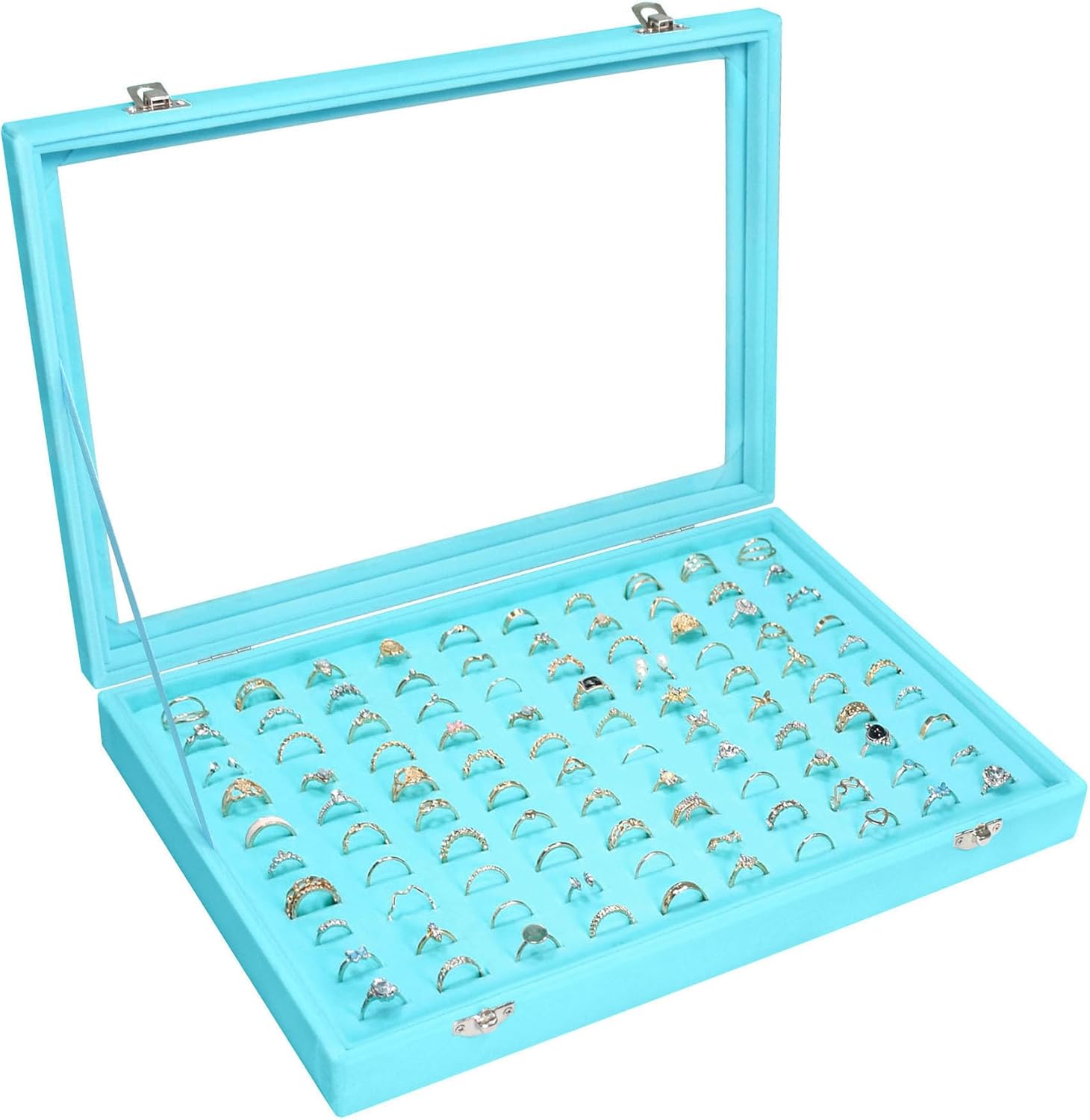 Velvet Ring Display Tray Organizer Box with Transparent Lid, 100 Slot Ring Holder Showcase For Store Display Jewelry Show Home, Ring Organizer For Rings Earrings (Light Blue)