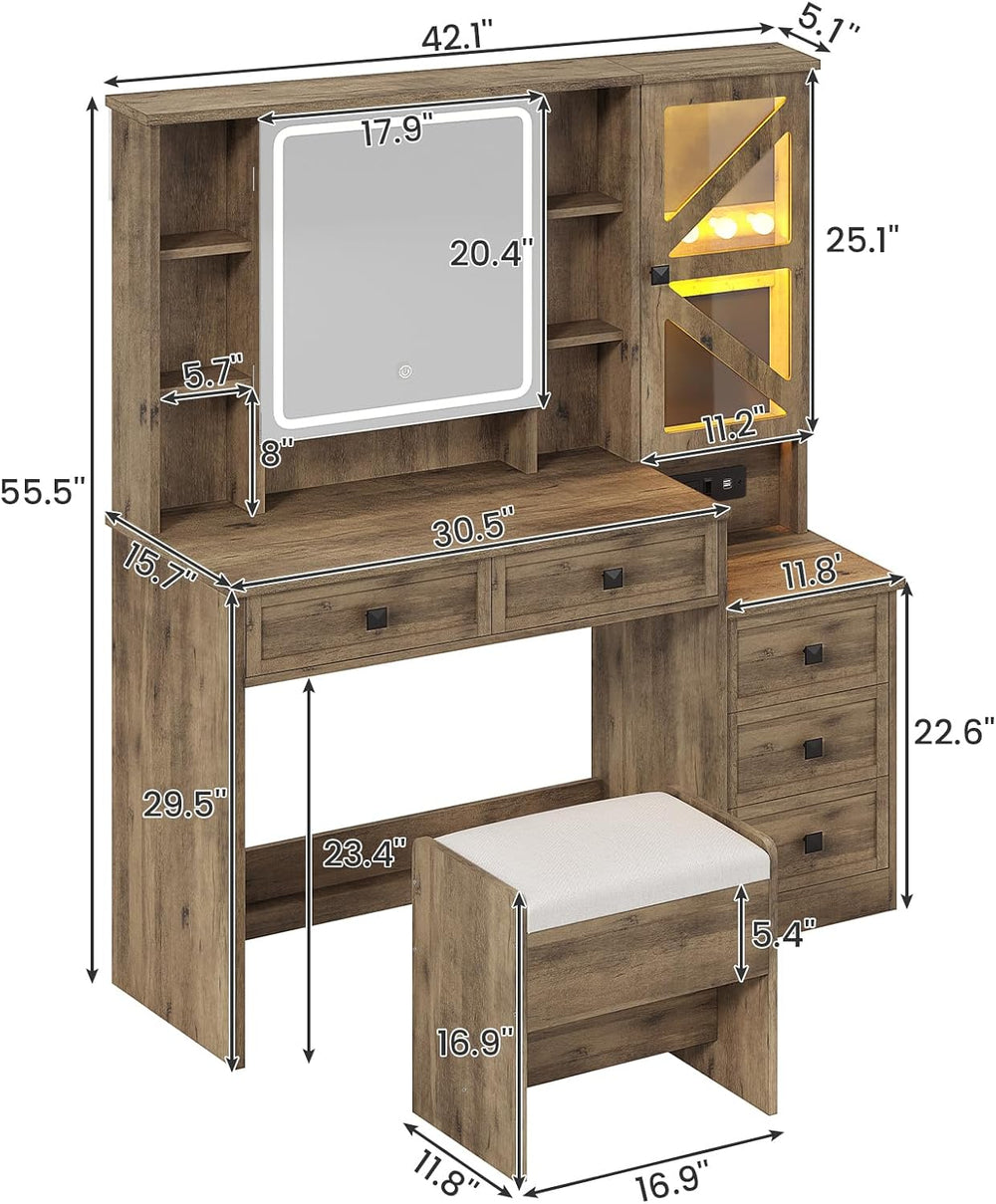 AOGLLATI Farmhouse Vanity Desk with Mirror and Lights, Makeup Vanity Set with...
