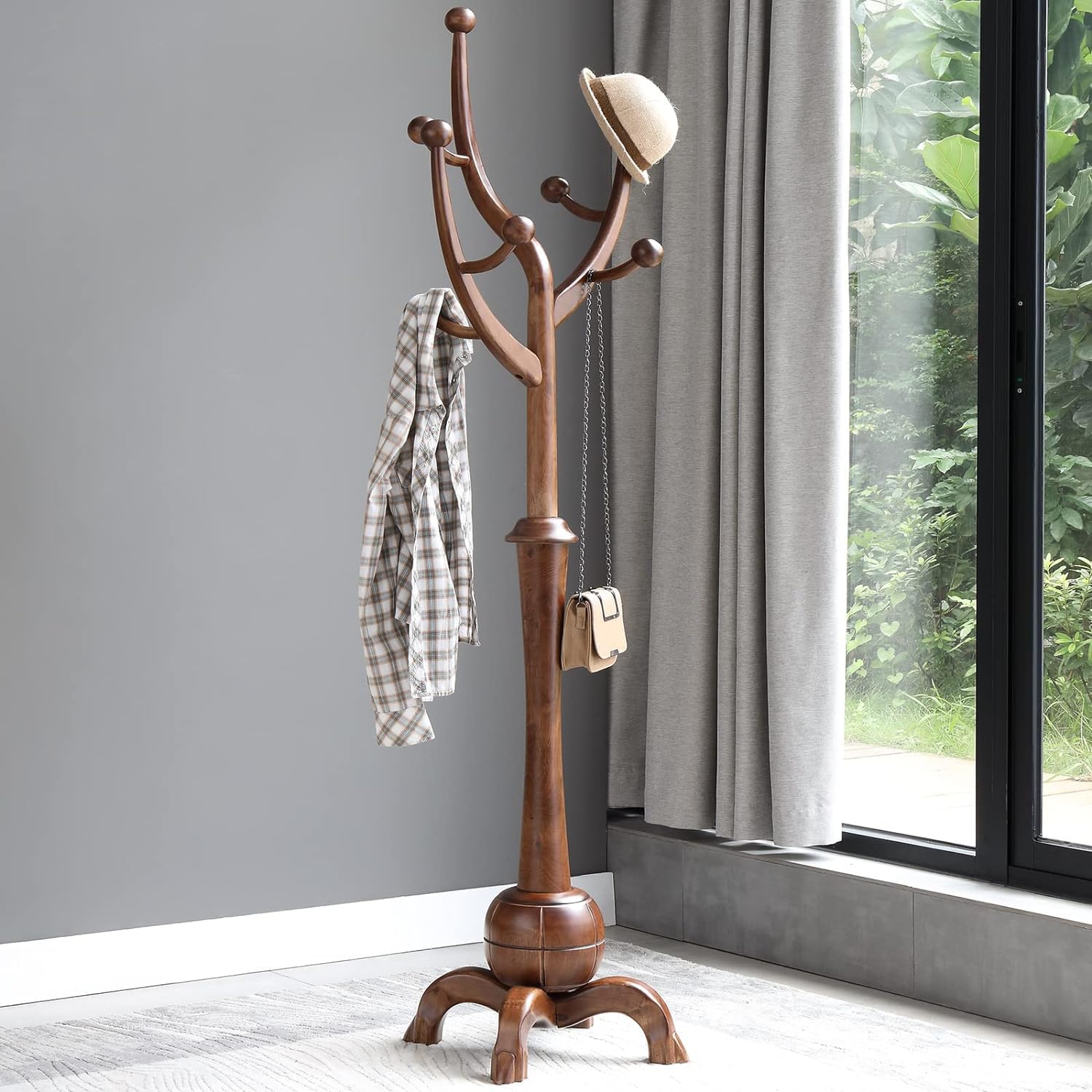 Coat Rack Freestanding Wood Coat Tree Rack with 8 Hooks, Creative Design Tree Branch-look, Standing Coat Rack Clothes Hanger Stand with Stury Base for Entryway, Hallway, Bedroom - Load 160lb (Walnut)