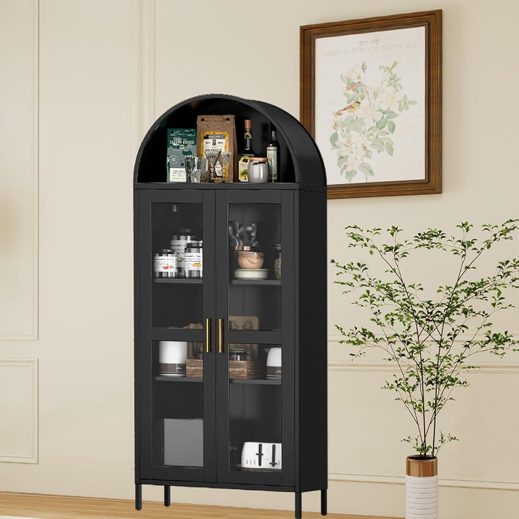 73" Tall Metal Arched Kitchen Pantry,Pantry Cabinet with Glass Door, 2 Adjustable Shelves,Modern Farmhouse Display Bookshelf for Kitchen, Dining Room, Bathroom,Black
