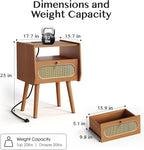 Night Stand Set 2, Mid Century Modern Nightstands, Rattan Bedside Table with Charging Station, Boho End Table with Drawer Storage, Solid Wood Legs Bed Side Tables for Bedroom, Cherry