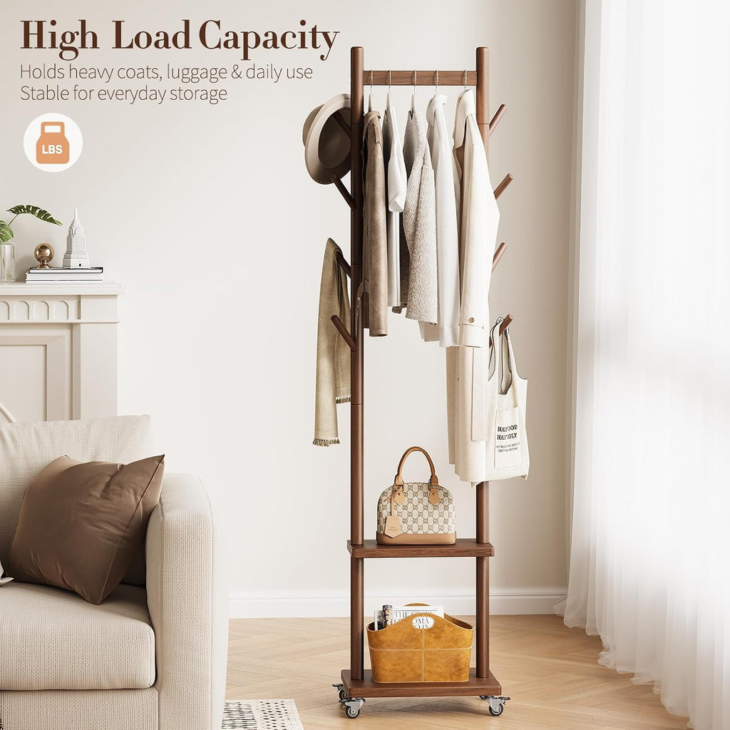 Yoobure Solid Wood Coat Rack Freestanding - Rolling Clothes Rack with 8 Hooks & Shelves, Small Clothing Rack with Wheels, Heavy Duty Clothing Racks for Hanging Clothes, Portable Hall Tree for Entryway