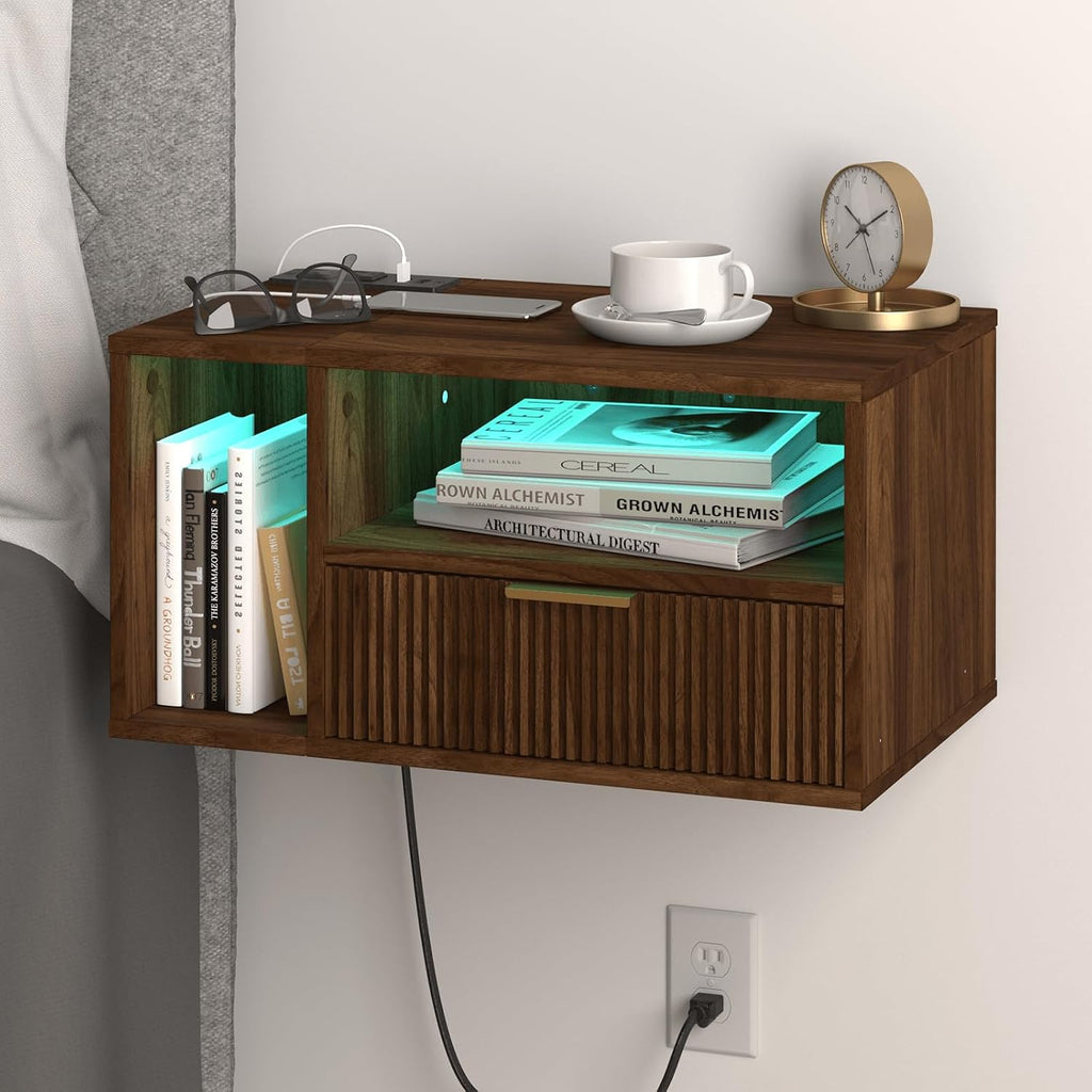 Veegle Floating Nightstand with Charging Station and LED Lights, Walnut Brown