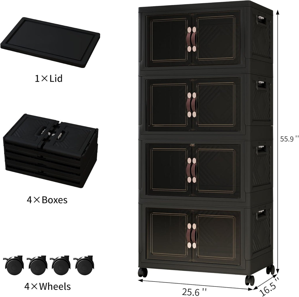 Storage Bins with Lids and Wheels, Collapsible Bathroom Storage Cabinet with Clear Doors, Plastic Stackable Closet Organizers and Storage Containers Black 398 QT