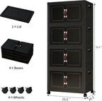 Storage Bins with Lids and Wheels, Collapsible Bathroom Storage Cabinet with Clear Doors, Plastic Stackable Closet Organizers and Storage Containers Black 398 QT