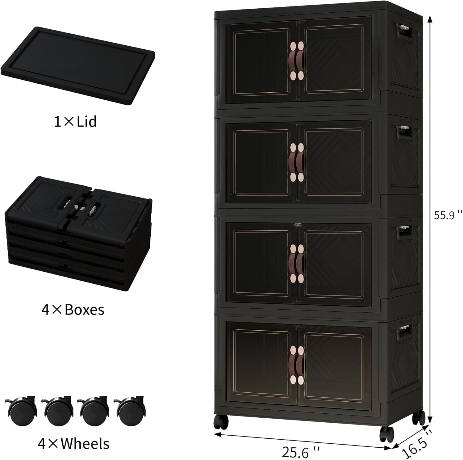 Storage Bins with Lids and Wheels, Collapsible Bathroom Storage Cabinet with Clear Doors, Plastic Stackable Closet Organizers and Storage Containers Black 398 QT
