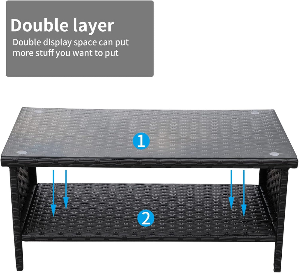Outdoor Wicker Coffee Table Patio Furniture Garden Rattan 2-Layer Glass Table...