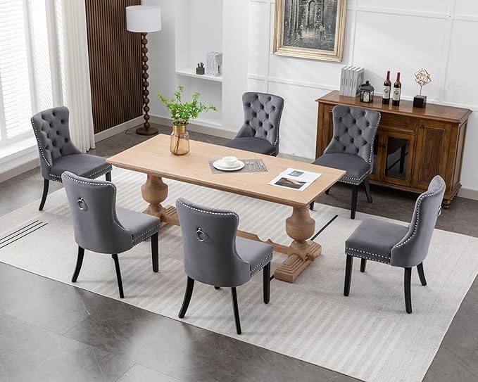 KCC Velvet Dining Chairs Set of 6, Upholstered High-end Tufted Dining Room Chair with Nailhead Back Ring Pull Trim Solid Wood Legs, Nikki Collection Modern Style for Kitchen, Grey