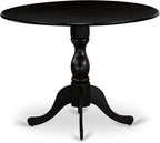 East West Furniture DMAB3-ABK-24 3 Piece Modern Dining Table Set Contains a Round Wooden Table with Dropleaf and 2 Black Color Linen Fabric Upholstered Chairs, 42x42 Inch, Wirebrushed Black