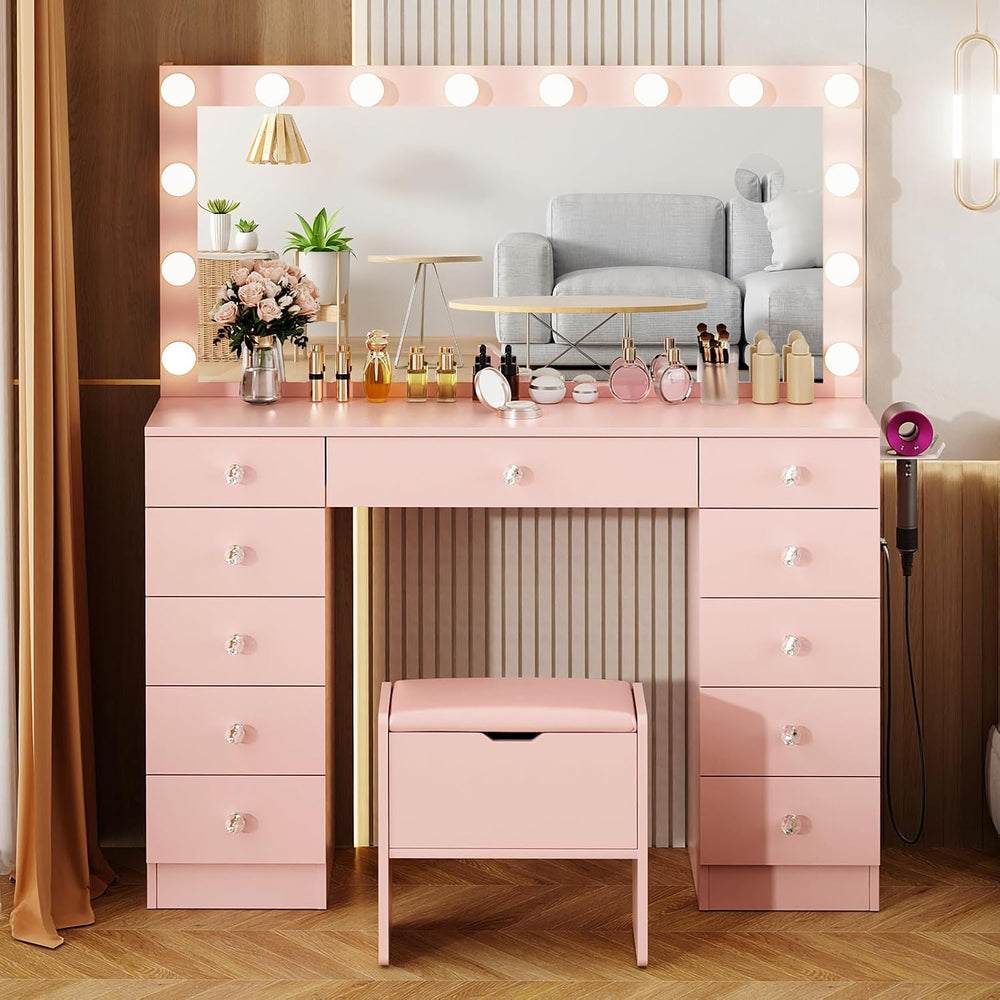 VOWNER Vanity with Lighted Mirror - 46" Makeup Vanity Desk with 11 Drawe...