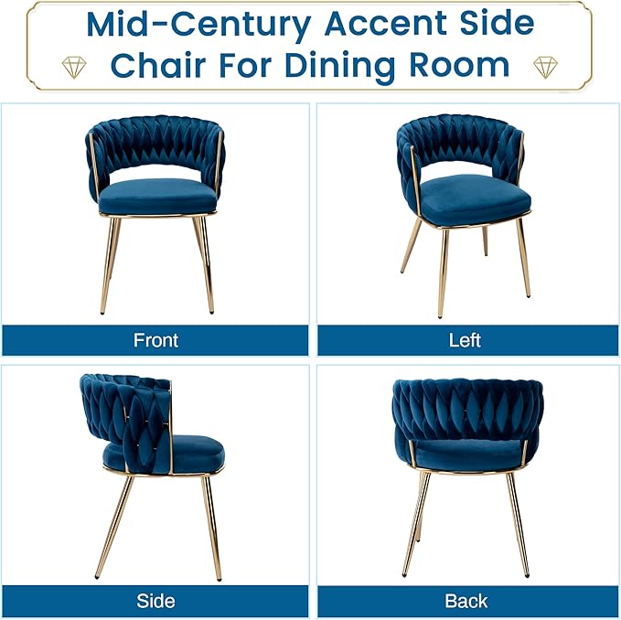 KCC Modern Velvet Dining Chairs Set of 6, Upholstered Living Room Chair with Woven Back and Golden Metal Legs, Mid-Century Accent Side Chair for Dining Room, Kitchen, Blue
