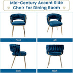 KCC Modern Velvet Dining Chairs Set of 6, Upholstered Living Room Chair with Woven Back and Golden Metal Legs, Mid-Century Accent Side Chair for Dining Room, Kitchen, Blue