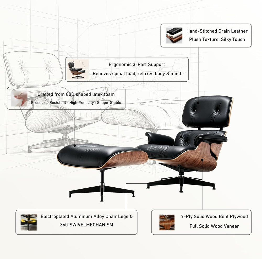 Mid Century Chaise Lounge Chair with Ottoman, Modern Retro Classic Design, PU...