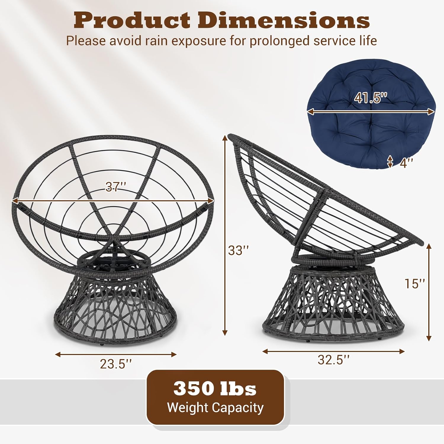 Giantex Wicker Papasan Chair with Soft Thick Cushion and High Capacity Metal Frame, 360° Swivel Ergonomic Lounge Reading Chair for Living Room, Bedroom, Patio, Indoor Outdoor Use (Navy Blue)