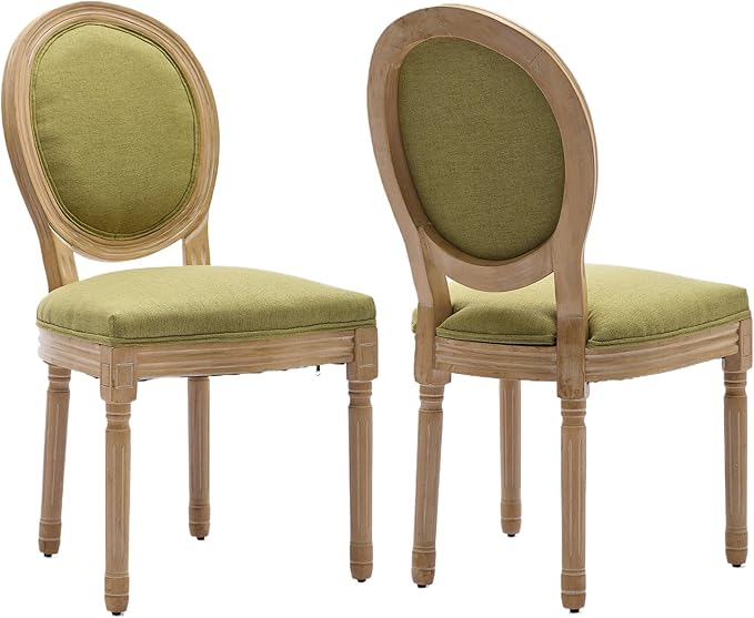 French Country Dining Chairs Set of 2, Olive Green Kitchen & Dining Room Chairs Set of 2, Linen Upholstered Dining Chairs, Wood Legs, Sillas De Comedor (Fabric, Olive, 2Pcs)