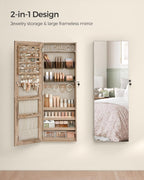 SONGMICS Mirror Jewelry Cabinet Armoire, Wall or Door Mounted Jewelry Storage Organizer, Hanging Lockable Frameless Mirror Cabinet with 2 Cosmetic Organizers, Christmas Gift Idea, Toasted Oak Color