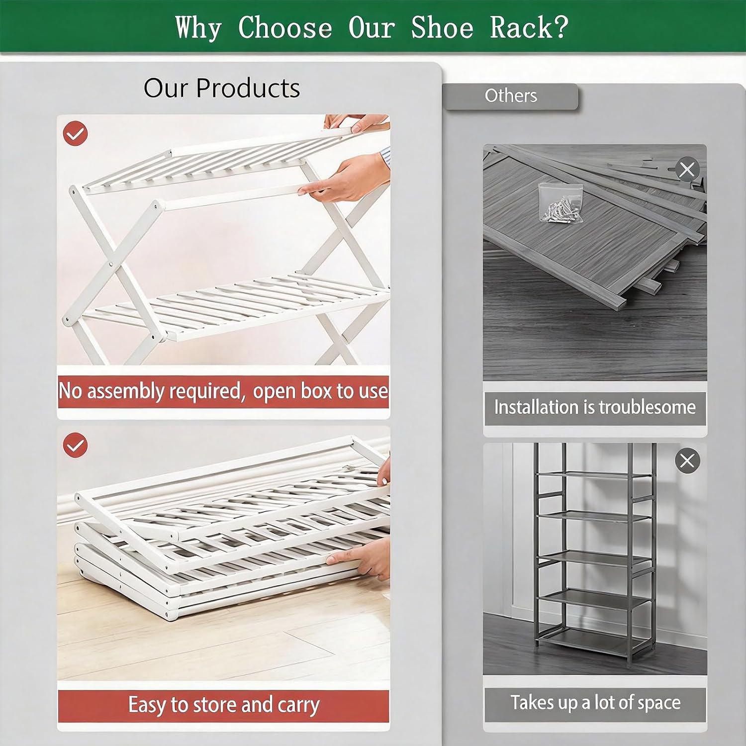 3 Tier Bamboo Shoe Rack White,Portable Folding Shoe Storage Rack,Without Installation Small Shoe Rack Perfect for Corridors, Drom, Bedrooms and Small Spaces