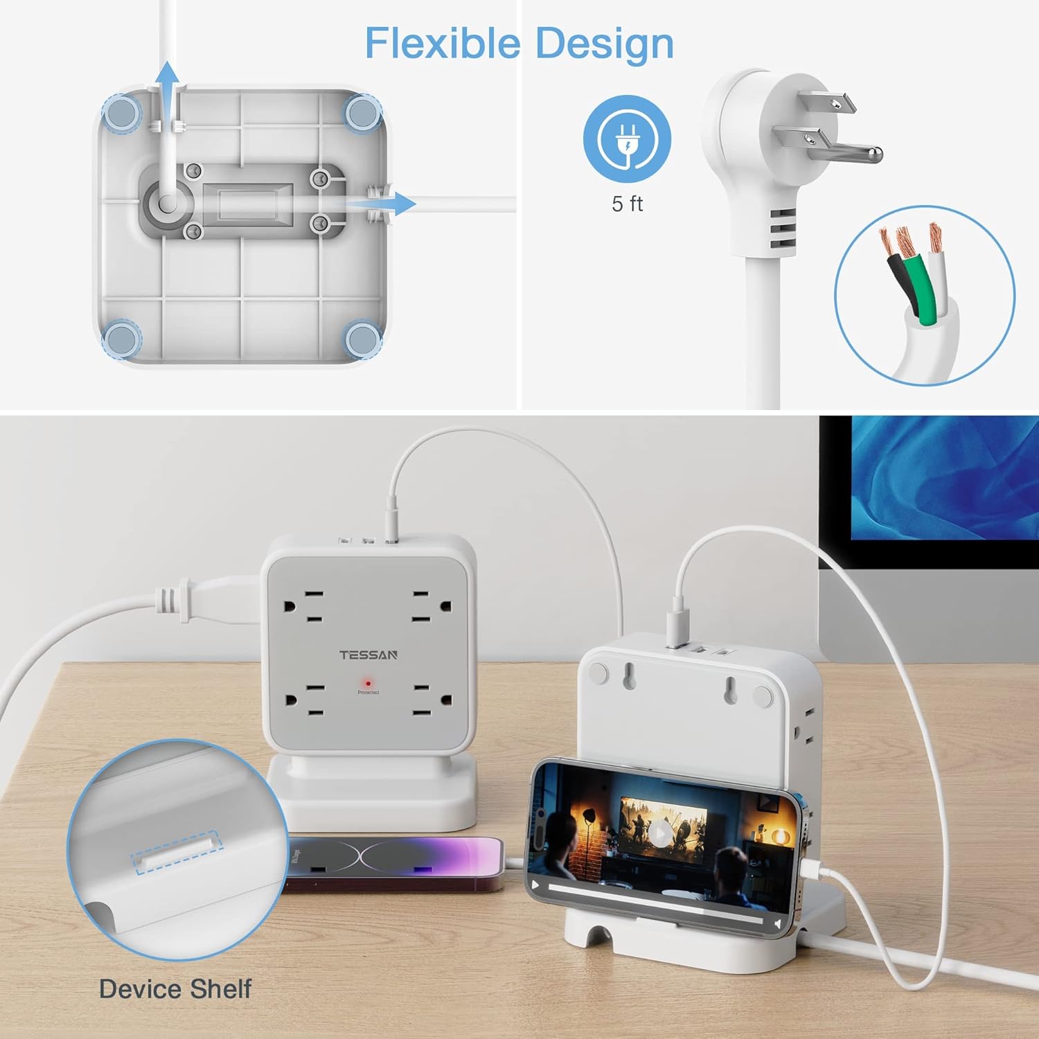 Power Strip Tower Surge Protector, TESSAN 8 AC Outlets with 3 USB (1 USB C Port), 5 FT Flat Plug Extension Cord with 900 Joules Protection, Desk Charging Station for Home Office Supplies, Dorm Room