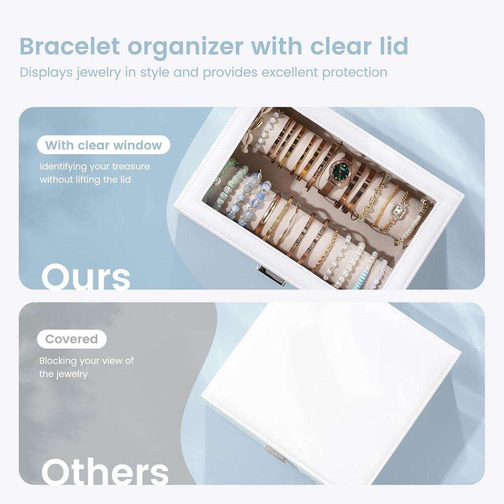Lolalet Bracelet Display Holder with Rods for Bangles Watches, Clear Lid Jewelry Organizer Box Storage Case for Women Girls -White