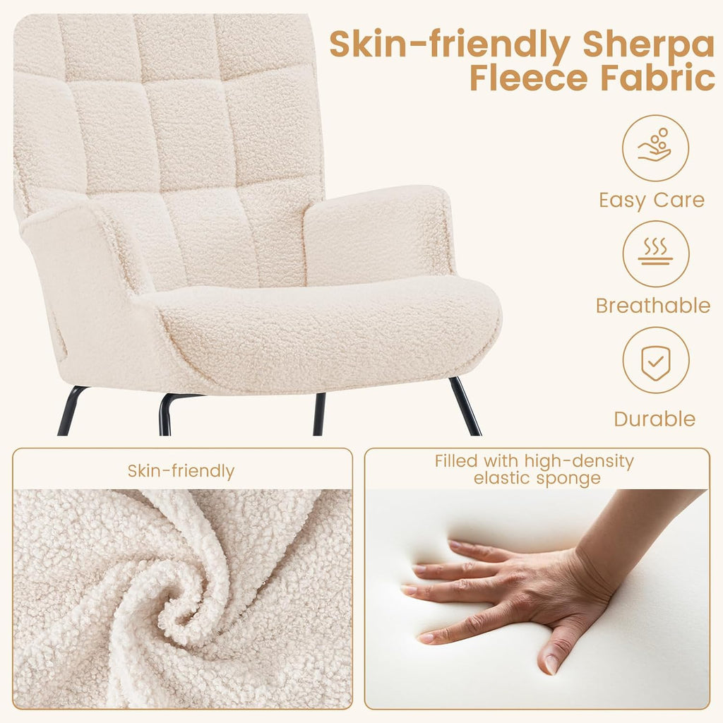 Furniliving Nursery Rocking Chair Modern Armchair Upholstered Glider Rocking Chair Nursery Chair Reading Chair with High Backrest Solid Wood Base for Bedroom, Living Room, Office, White, Teddy
