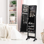 Freestanding Jewelry Armoire Cabinet, Jewelry Organizer with Full Length Mirror, Standing Makeup Mirror Cabinet w/ 3 Adjustable Angles & Large Storage Capacity, for Bedroom Dressing Room (Black)