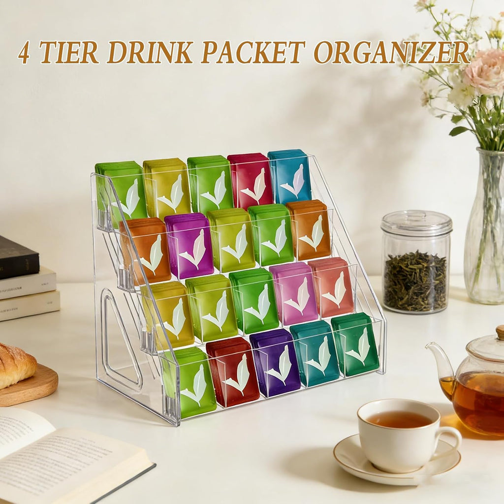 Tea Bag Organizer Display Stand, 4 Tier Clear Acrylic Tea Packet Storage Holder for Kitchen Countertop Cabinet Pantry Office Tea Bag, Coffee, Sugar Packets, Creamers Organization