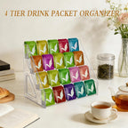 Tea Bag Organizer Display Stand, 4 Tier Clear Acrylic Tea Packet Storage Holder for Kitchen Countertop Cabinet Pantry Office Tea Bag, Coffee, Sugar Packets, Creamers Organization