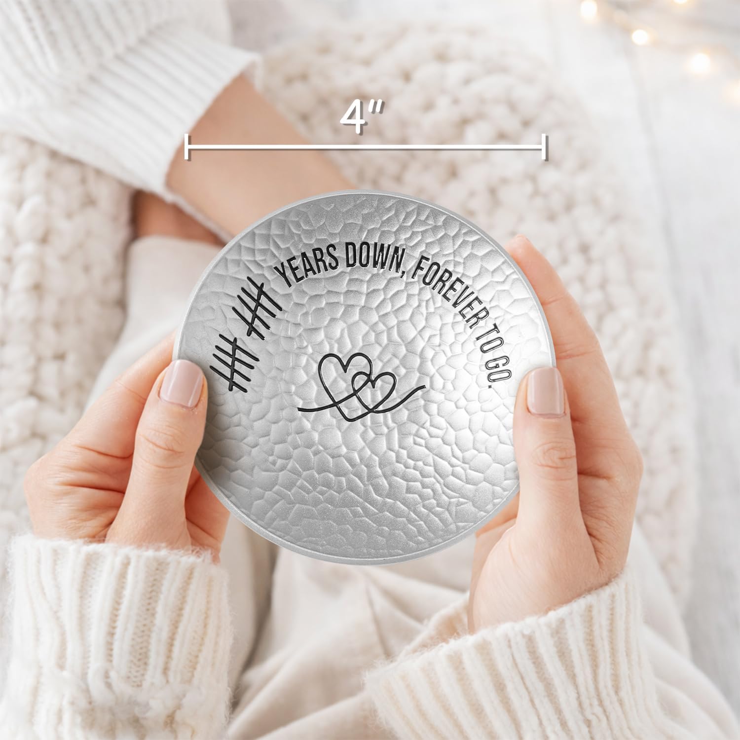 10 Year Anniversary Aluminum Gifts, 10th Wedding Anniversary Jewelry Tray For Wife Husband Her Him, Ripple Textured 4" Ring Holder Dish - Ten Years Decoration Ideas Tin Gift for Parents Men Women