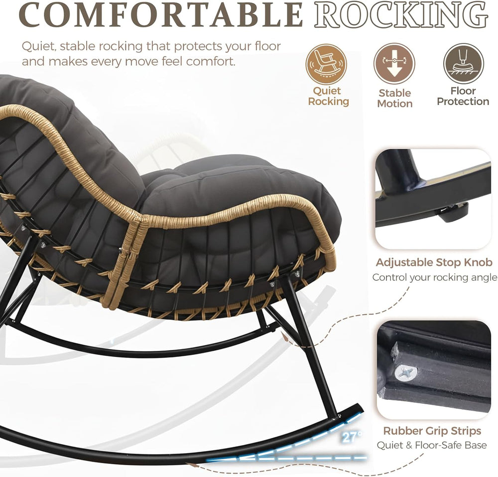 FINCATI Indoor Outdoor Papasan Rocking Chair, Large Rocking Lounge Chair
