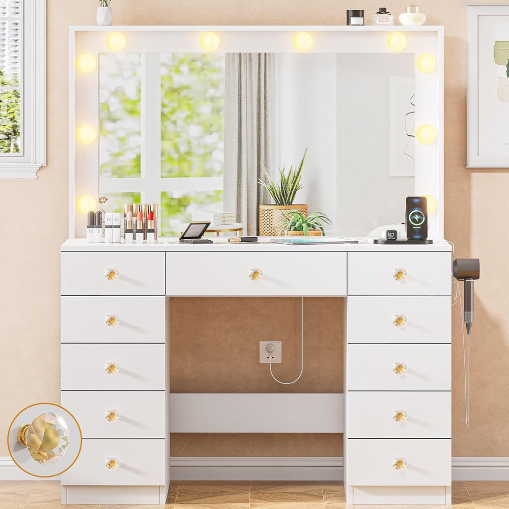DINGIPP Vanity with Large Mirror and 10 LED Lights, Vanity Desk with Glasstop...