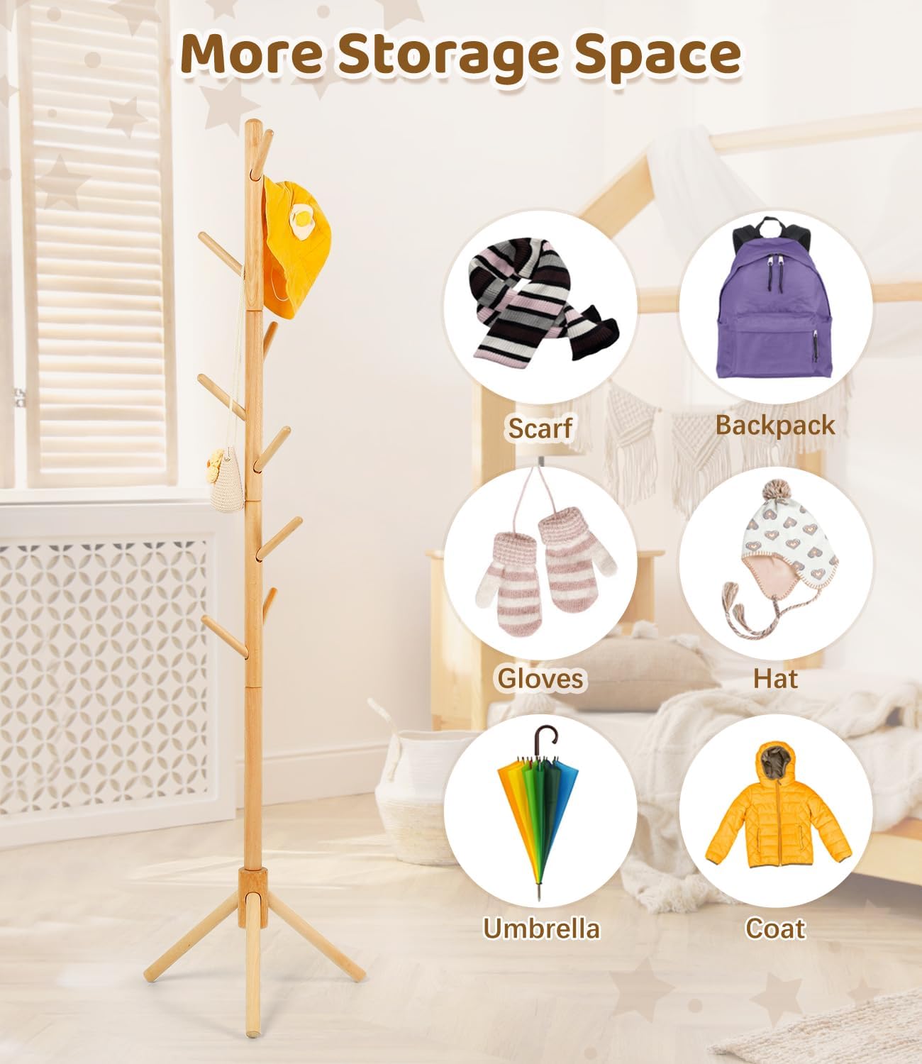 Beech Wood Kids Coat Rack - Adjustable Height Stand with 9 Hooks, Freestanding Children's Clothing Organizer for Hallway, Bedroom, Easy Assembly (Natural)