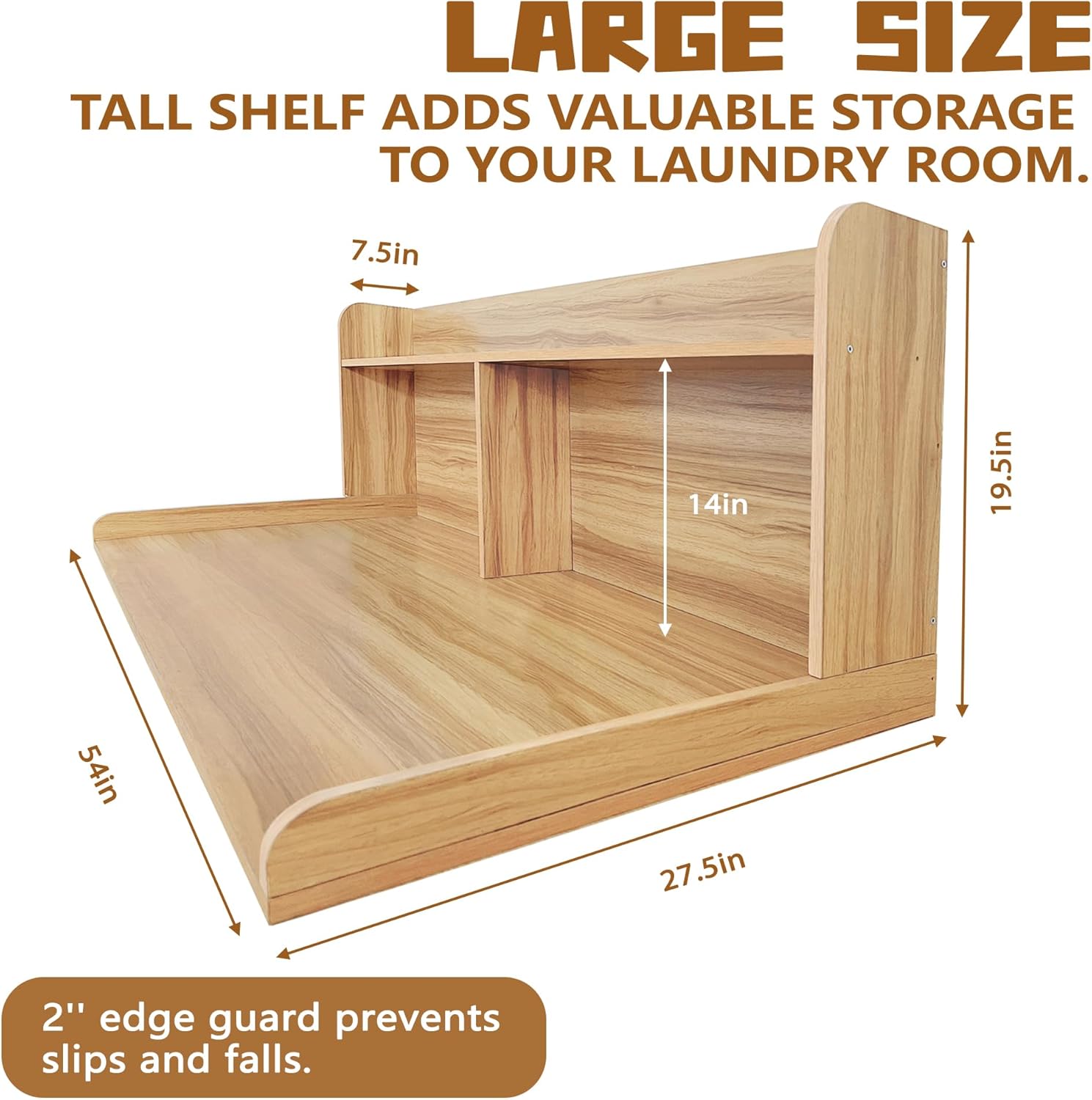 Royxen 2-Tier Washer Dryer Countertop,19.5" H Wood Washer Dryer Topper with Storage Shelf,Laundry Countertop Over Washer and Dryer, Universal Fit for Laundry Room Organization (Oak, 54" W X 27.5" D)