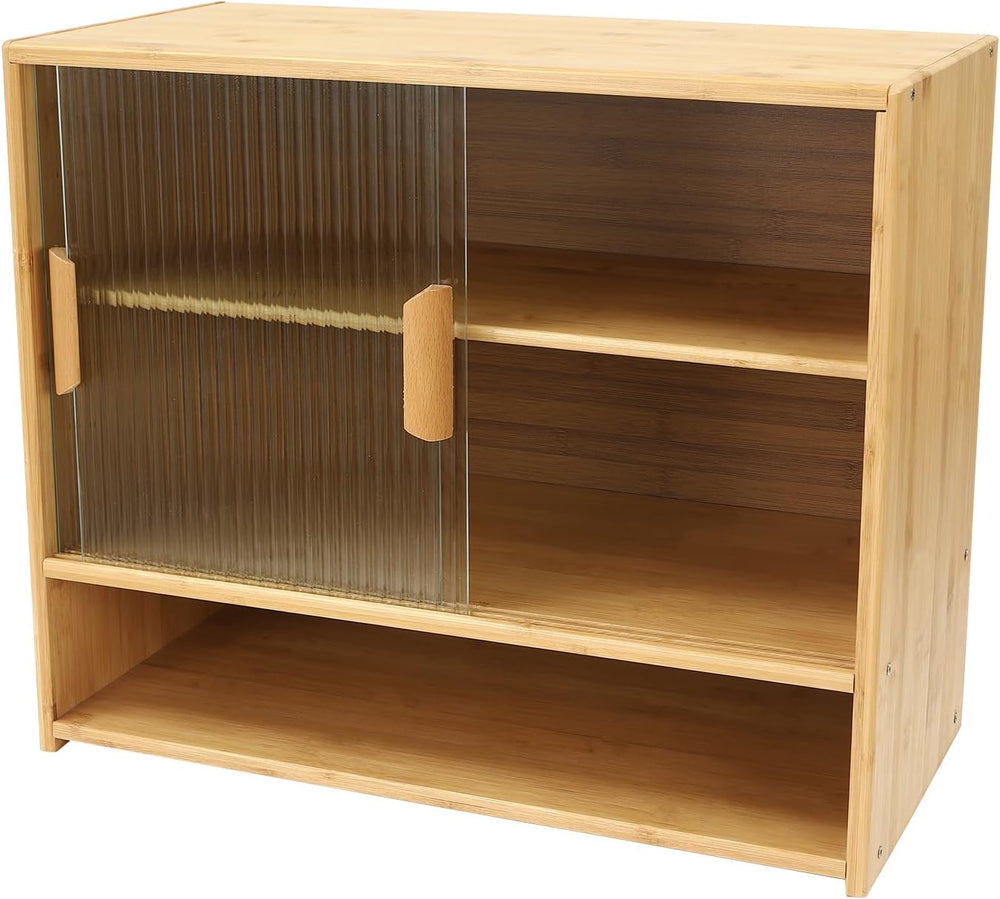 Bamboo Kitchen Pantry Sideboard with Sliding Glass Doors, Freestanding Storag...