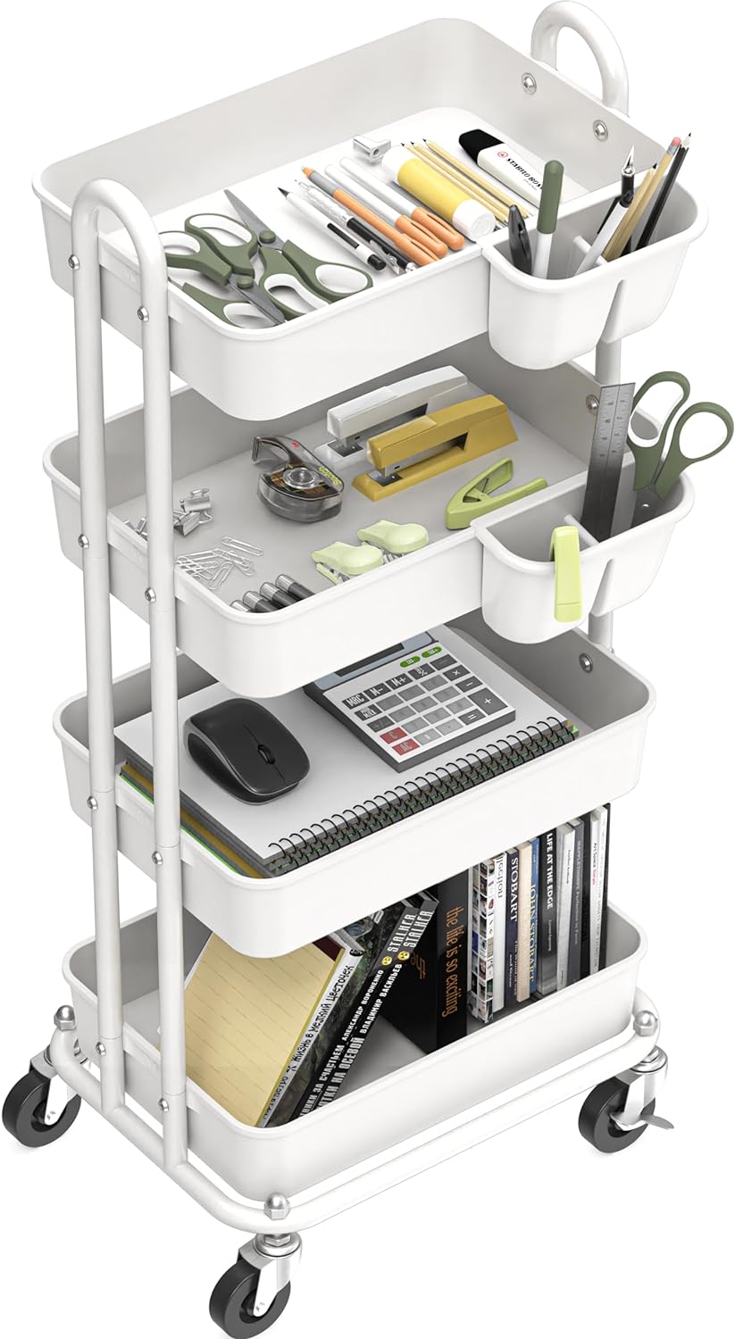 Simple Houseware 4-Tier Multifunctional Rolling Utility Cart with Hanging Buckets, White