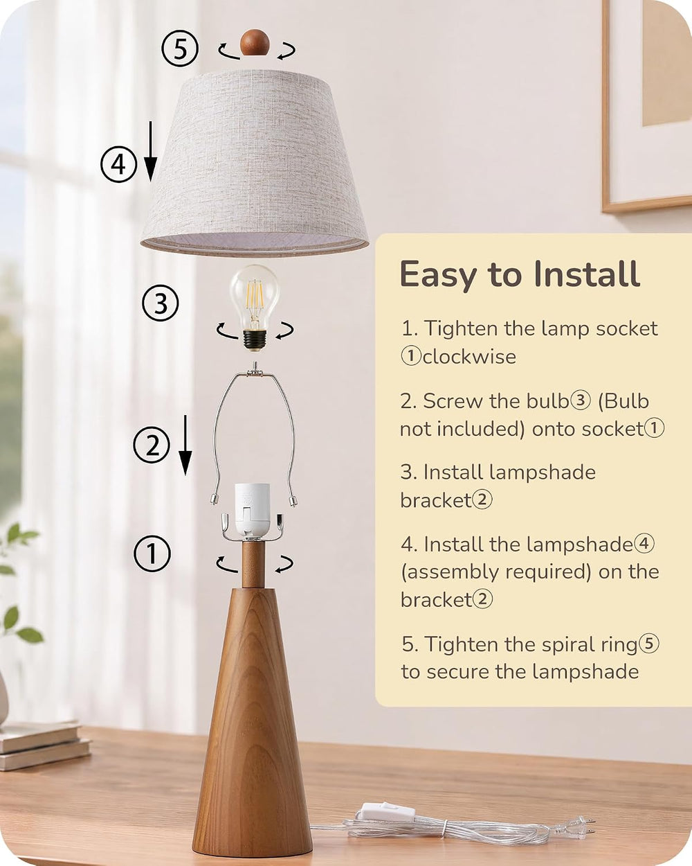 EDISHINE 22" Mid Century Table Lamp, Tapered Walnut Wood Base, E26 Socket