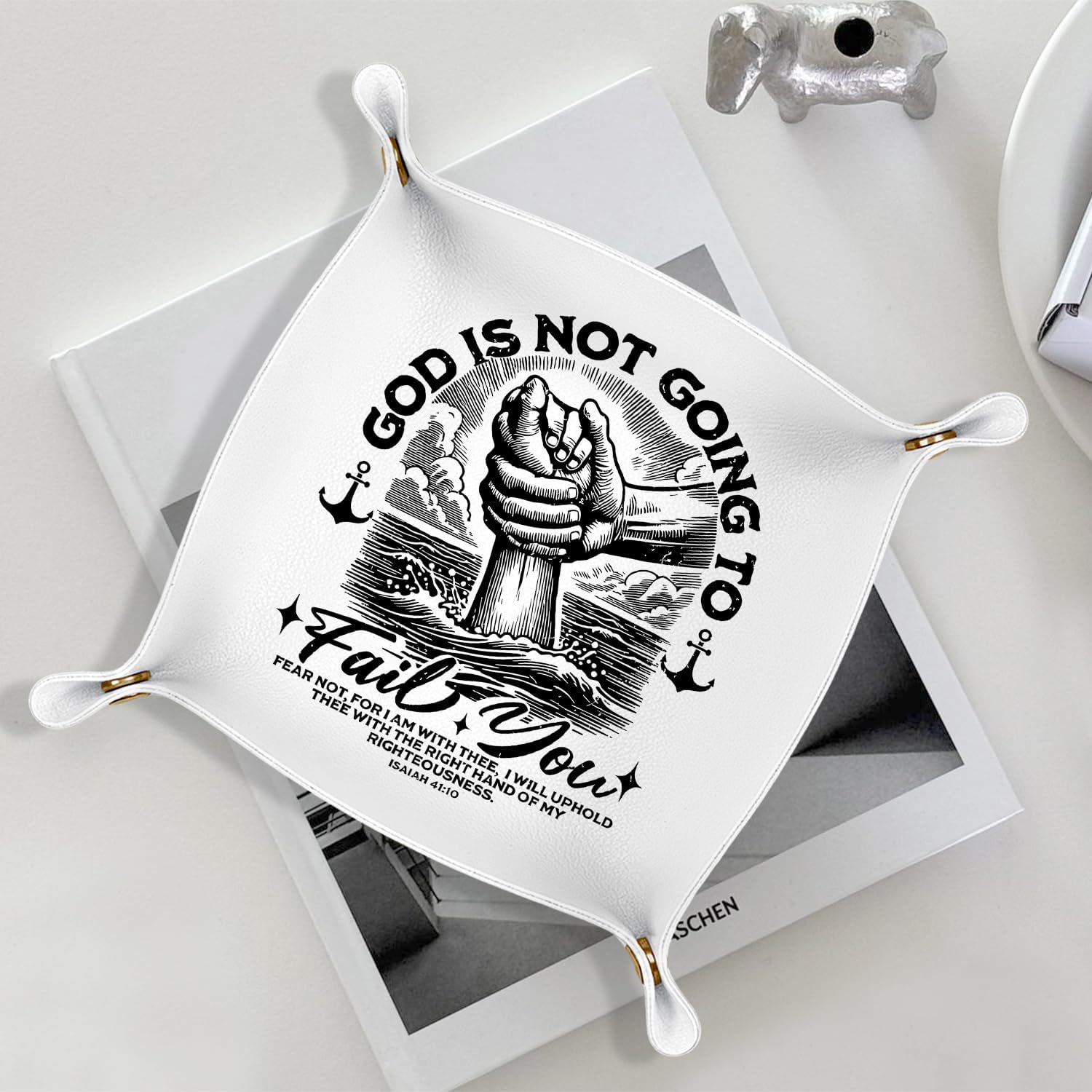 Christian Gifts Leather Jewelry Valet Tray, Religious Bible Verse Gifts PU Leather Catchall Beside Caddy Nightstand Organizer Tray for Jewelry Rings Watches Keys and Accessories, 7.8x7.8inch