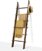 TEAKMAMA 6-Tier 5.4ft Blanket Ladder with Hanging Knobs Rustic Brown | Farmhouse Wall Leaning Solid Wood Scratch & Slip Proof Quilt Rack, Living Room Bedroom Bathroom, Xmas Deco, Easy Setup