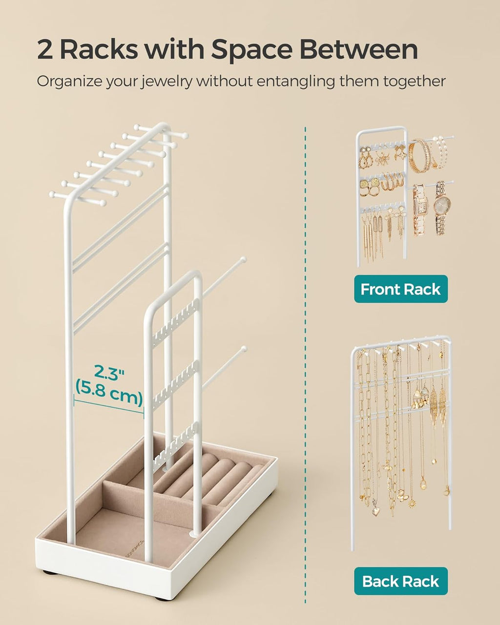 SONGMICS Jewelry Holder, Jewelry Organizer, Jewelry Display Stand with Metal Frame, Velvet Tray, Necklace Earring Bracelet Holder, for Studs, Rings, Christmas Gift, Matte White UJJS021W01