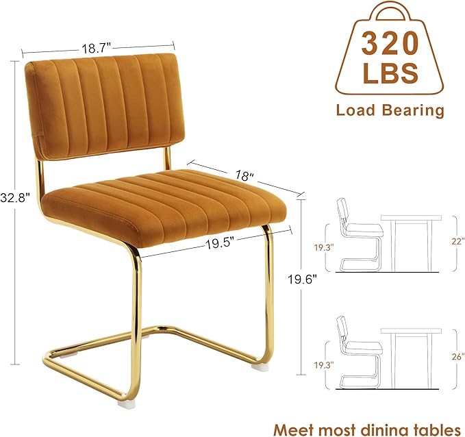 ONEVOG Orange Velvet Dining Chairs Set of 2, Upholstered Kitchen & Dining Room Chair, Comfy Dinner Chair with Gold Metal Legs, Cantilevered Design Seat for Bedroom, Living Room