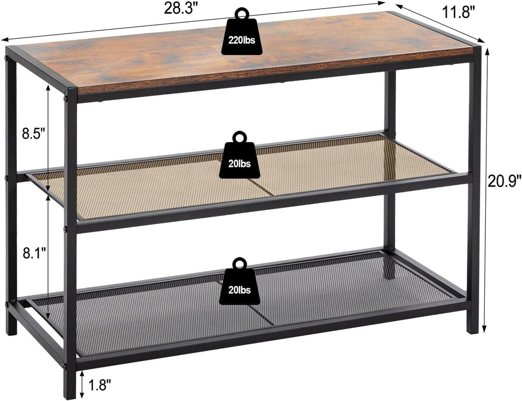 DUMOS 3-Tier Shoe Bench with Storage, Entryway, Mesh Shelves, Rustic Brown | Industrial style, 220 lb seating capacity, stores boots & sneakers, fits entryways & hallways