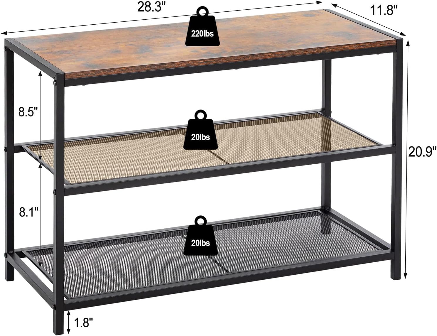DUMOS 3-Tier Shoe Bench with Storage, Entryway, Mesh Shelves, Rustic Brown | Industrial style, 220 lb seating capacity, stores boots & sneakers, fits entryways & hallways