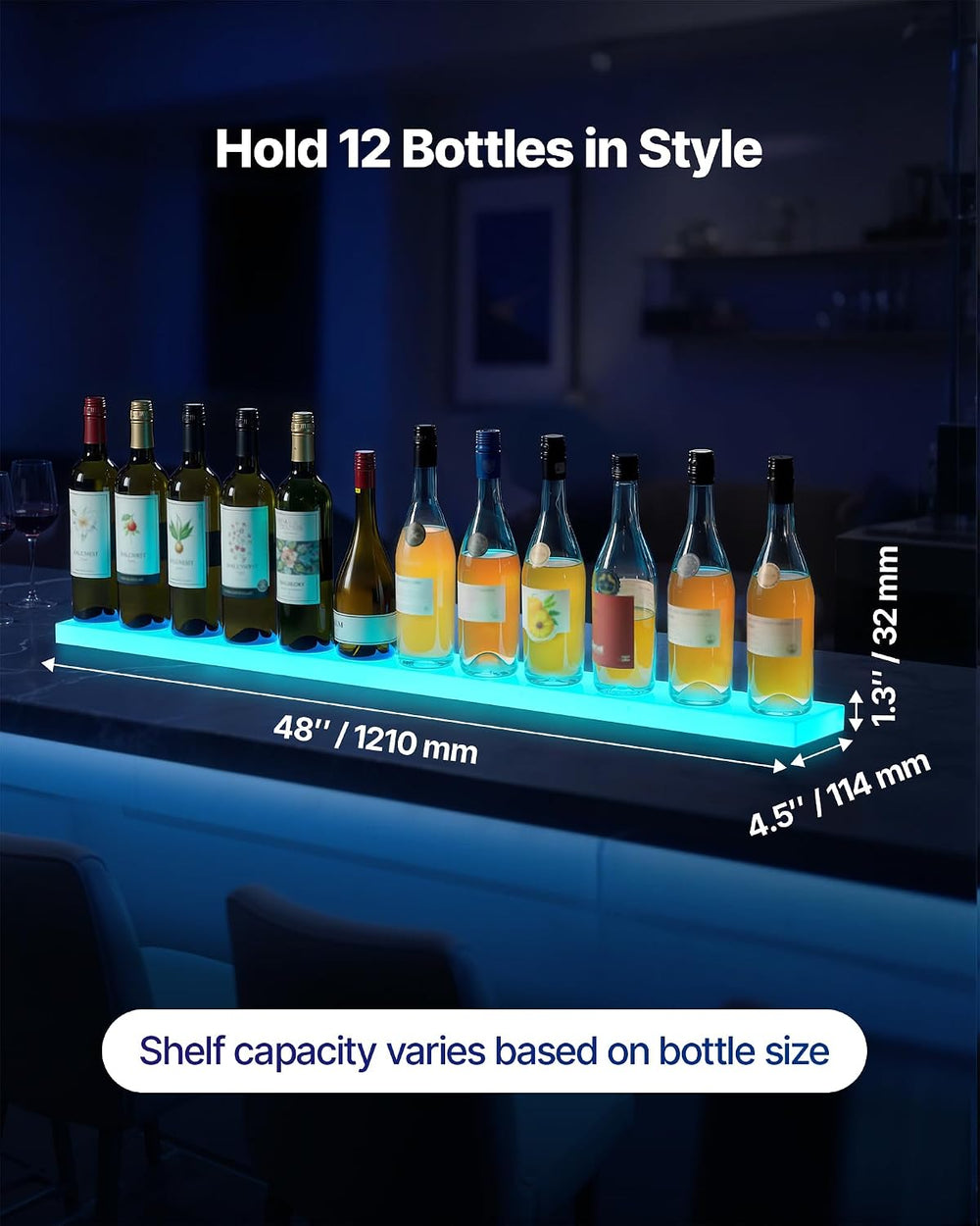 VEVOR LED Lighted Liquor Bottle Display, 1 Tier 48 Inches Whiskey Rack, Suppo...